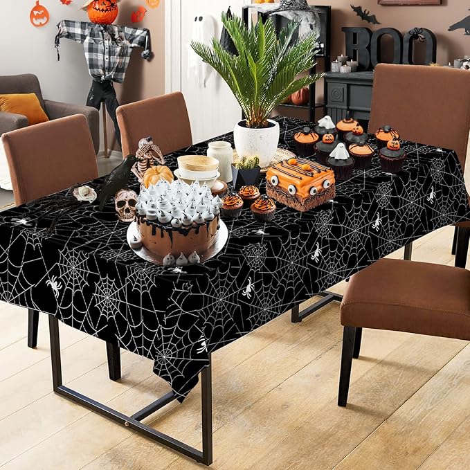 2 Pcs Halloween Tablecloth - Plastic Halloweens Spider Webs Table Cloth, Black Disposable Rectangle Spiderweb Table Cover for Halloween Party Decorations Supplies Favors Tables Decor, 108 x 54 Inch-CasaMuseHome