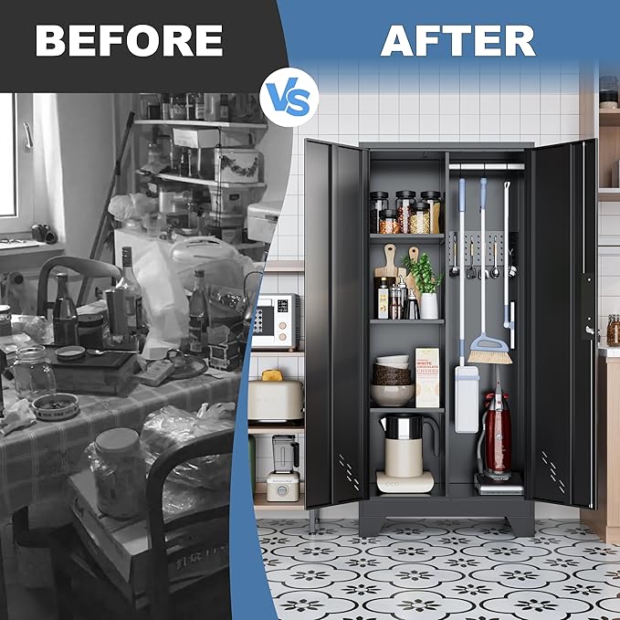 61" Broom Closet Storage Cabinet, Metal Storage Cabinet with Doors, Utility Cabinets for Brooms and Mops, Cleaning Tool Cabinets for Garage, Laundry Room, Bathroom-CasaMuseHome