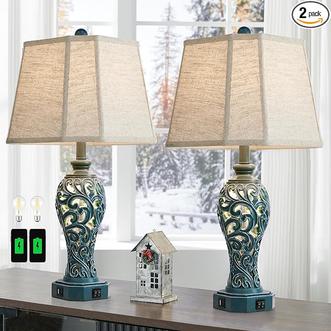 25'' Farmhouse Table Lamps Set of 2 for Living Room Bedroom, 2 USB Ports Coastal Vintage Table Lamp with Nightlight, Blue Green Hollow Out Resin Lamp for End Table (Bulbs Included)-CasaMuseHome