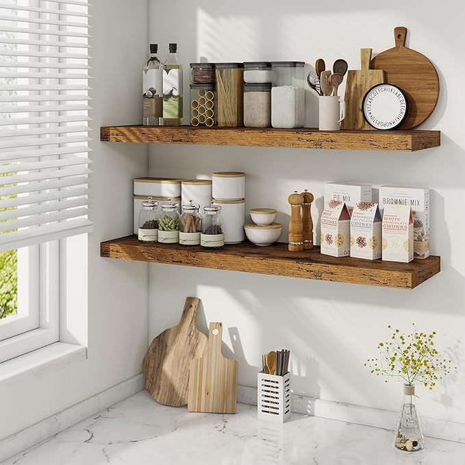 36 Inch Floating Shelves, 9.3 Inch Deep Rustic Wall Shelves - Extra Deeper Wall Mounted Storage Shelves for Bathroom, Kitchen, Living Room (Brown, Set of 2)-CasaMuseHome