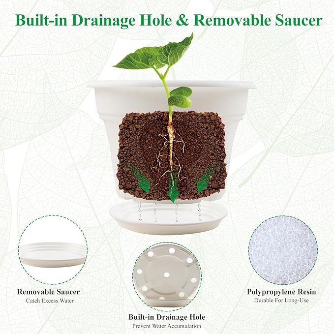 13 Inch Plastic-Flower-Pot-for-Indoor-Plants, 4 Pack Large Outdoor Planter Pot with Drainage Holes & Saucers, Resin Decorative Garden Pots Planters-CasaMuseHome