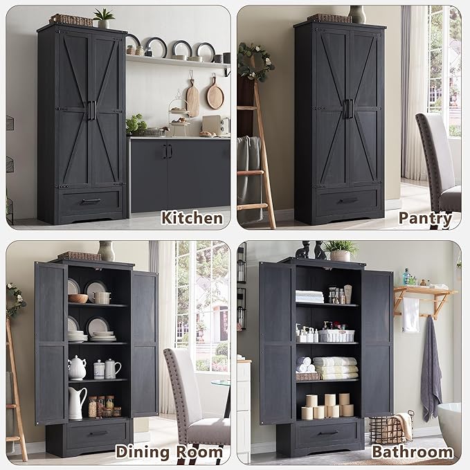 72" Tall Wood Storage Cabinet, Farmhouse Kitchen Pantry Cabinet with Adjustable Shelves & Drawer & Barn Doors, Versatile Storage for Kitchen, Dining Room, Bathroom, Black-CasaMuseHome