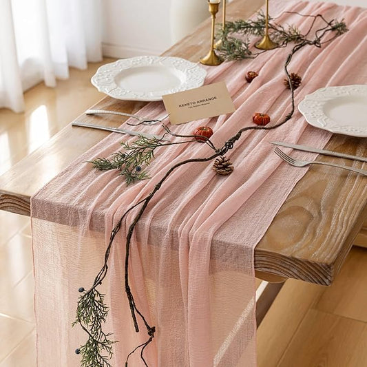 3pcs Pink Gauze Rustic Cheesecloth Table Runner 120 Inch 10 FT for Wedding Baby Shower Bridal Shower Birthday Engagement Garden Outdoor Party Long Sheer Boho Decorations-CasaMuseHome