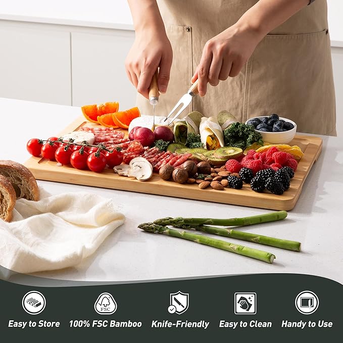 5 Packs Bamboo Cutting Board Set with Non Slip Feet Holder and Over Sink Nice Solid Thick Wood Juice Groove Chopping Board Small Big Xl XXl xlarge Oversized Kitchen Counter Organic Vegetable Meat Kit-CasaMuseHome