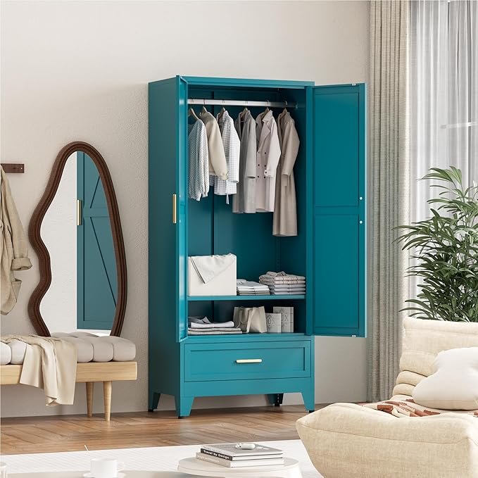 71'' Farmhouse Metal Wardrobe Cabinet with Hanging Rod, 2 Barn Door Wardrobe Closet with Adjustable Shelves,Drawer,for Dining Room,Bedroom,Living Room, Cloak Room,Office (Peacock Blue)-CasaMuseHome