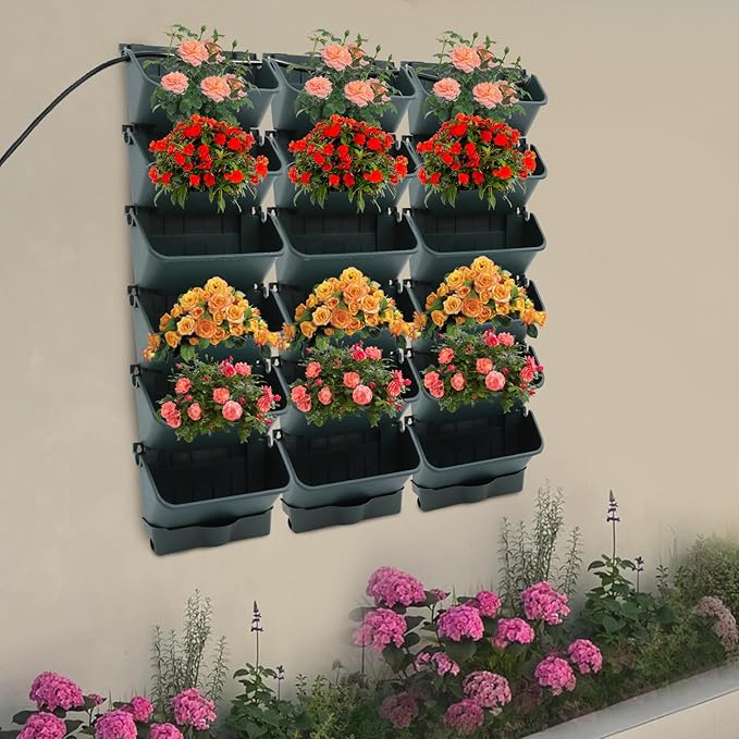 18 Pots Self-Watering Vertical Wall Planter, 39.4”L x 39.4”H Stackable Plastic Wall-Mounted Plant Grow Pots, Wall Hang Garden Planter Outdoor Indoor for Herbs Flowers Strawberries (Green)-CasaMuseHome