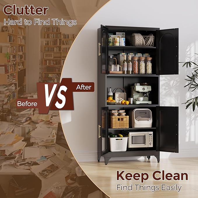 75" Tall Kitchen Pantry Storage Cabinet, Metal Storage Cabinets with 4 Doors and Adjustable Shelves, Black Kitchen Hutch Cabinet with Microwave Stand, Large Cupboard for Dining Living Room-CasaMuseHome