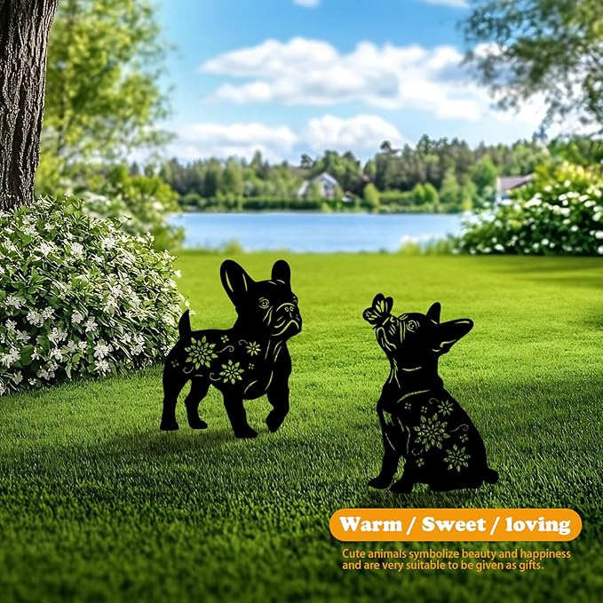 4 Pack Bulldog Metal Garden Decorative Stakes, Weather Proof Puppy Silhouette Statues for Yard, Patio,Outdoor Decor for Bulldog Lovers and Pet Owners-CasaMuseHome