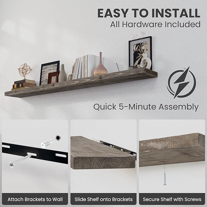 72 inch Floating Shelves for Wall, 8" Deep Rustic Reclaimed Barnwood Shelves, Floating Shelf Wall Hanging Shelves with Invisible Heavy-Duty Metal Bracket | Wall Mounted | Farmhouse Style, 1PC,Grey-CasaMuseHome