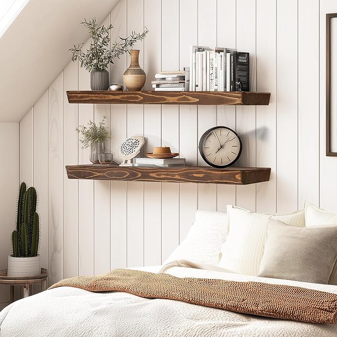 36"x6.8"x1.6" Slanted Floating Wall Shelves 2-Pack - Rustic Brown Finish, Heavy-Duty Solid Wood Design with Hidden Brackets - Perfect for Living Room, Kitchen, Bathroom, or Office-CasaMuseHome