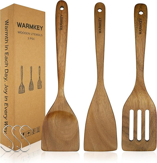 Acacia Wood Spatula Set of 3 - Natural Wooden Cooking Utensils for Nonstick Pans, Scratch-Proof & Heat Resistant, Sturdy & Lightweight Kitchen Tools with Hanging Holes-CasaMuseHome