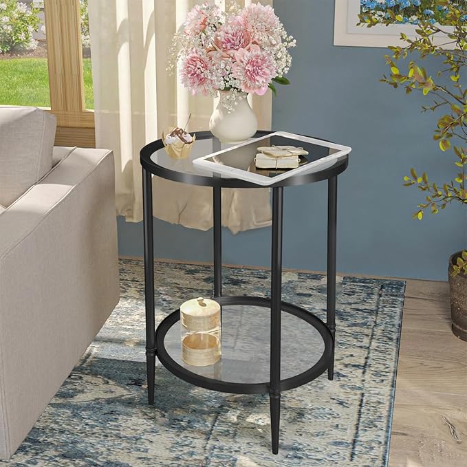 2 Tier Round Side Table, Black End Table with Glass Top, Modern Metal Clear Coffee Table，Small Accent Table for Living Room, Bedroom, 18" x 18" x 24"-CasaMuseHome