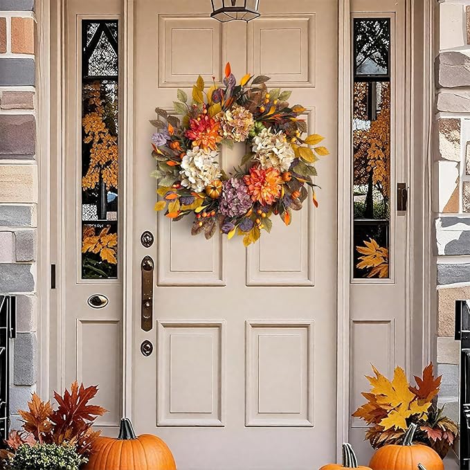 24Inch Fall Wreaths for Front Door,Fall Wreath with Beige Hydrangea,Orange Dahlia Artificial Flowers,Pumpkins,Autumn Wreaths for Harvest Thanksgiving Halloween Indoor Outdoor Home Decor-CasaMuseHome