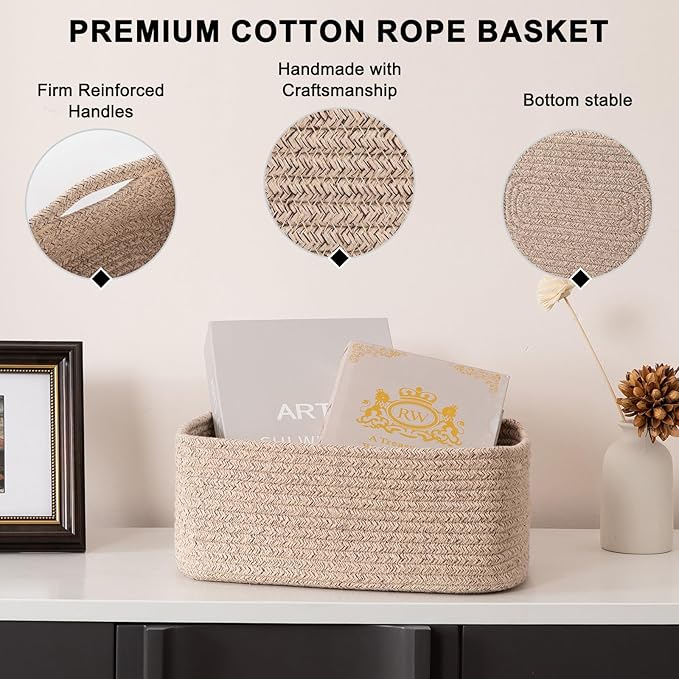 4 Pack Small Storage Shelf Baskets for Organizing, Mini Woven Rope Storage Bins for Towels, Cute Decorative Closet Organizer，Baby Nursery, Gift Empty Baskets -13''Lx8.66''Wx5.11''H-Brown-CasaMuseHome