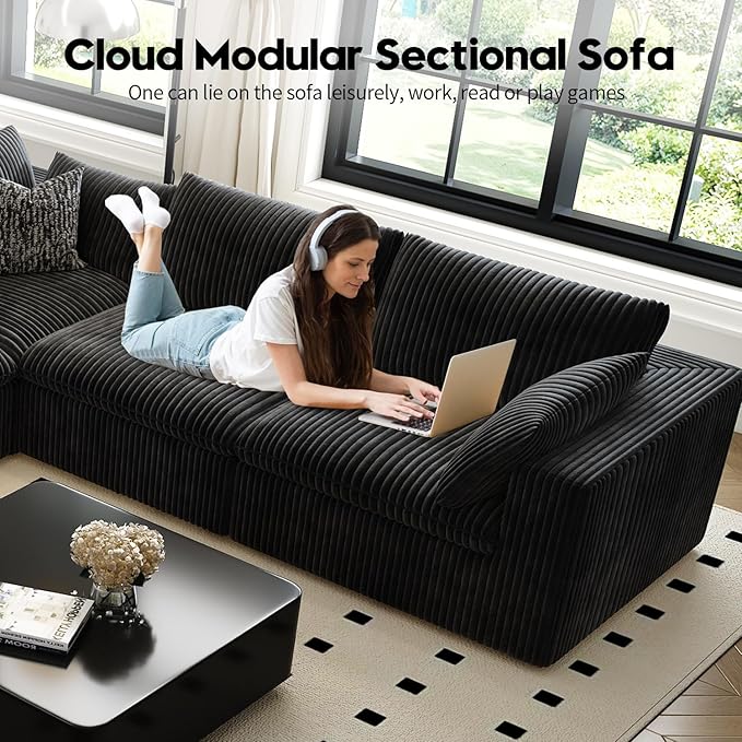 157.5" Cloud Couch Modular Sectional Sofa for Living Room,Modern Sofa with Deep Seat，L-Shape Boneless Couch with Ottoman,Comfy Upholstered Corduroy Couches for Apartment, Studio, Office,Bedroom，Black-CasaMuseHome