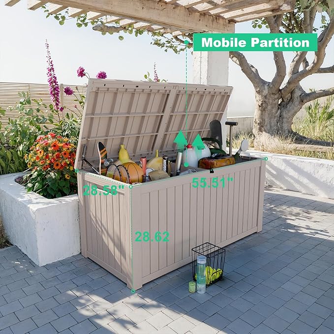 180 Gallon Resin Deck Box, Lockable Patio Outdoor Storage Box for Furniture, Garden Tools and Tools Storage, Waterproof Outside Storage Boxes - Grey-CasaMuseHome