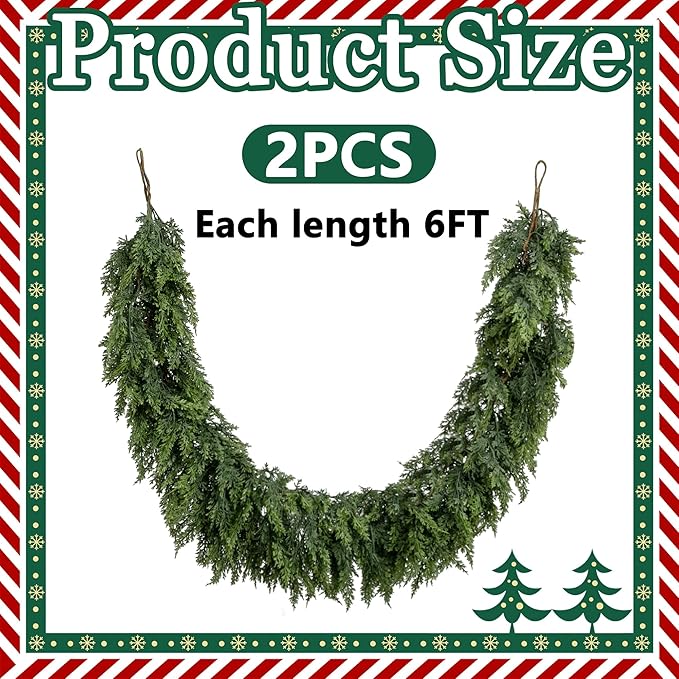 2 Pcs Christmas Norfolk Pine Garlands, 6 Ft Double Color Real Touch Artificial Cedar Garland, Faux Pine Cypress Greenery Garland Ornaments for Mantle Fireplace Table Indoor Outdoor Xmas Decoration-CasaMuseHome