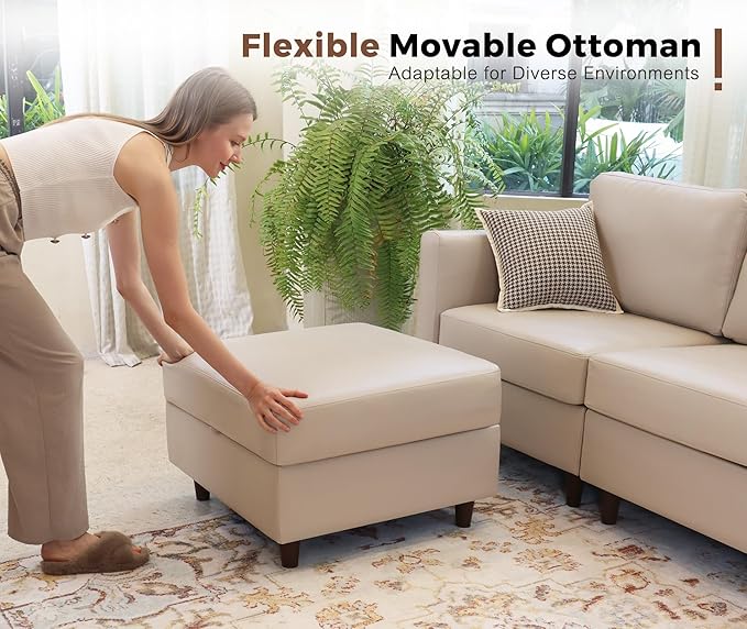 91.5" Faux Leather Modular Sectional Sofa, L Shaped Couch Set for Living Room, 3-Seater Comfy Cloud Couches with Movable Storage Ottoman,DIY Combination - Whitesand-CasaMuseHome