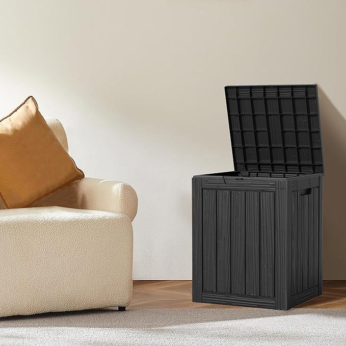 28 Gallon Double-Wall Resin Deck Box - Lockable Waterproof Outdoor Storage Box, 151lbs Capacity & Doubles as Seating for Patio Furniture - Garden Tools, Pool Accessories (Black)-CasaMuseHome