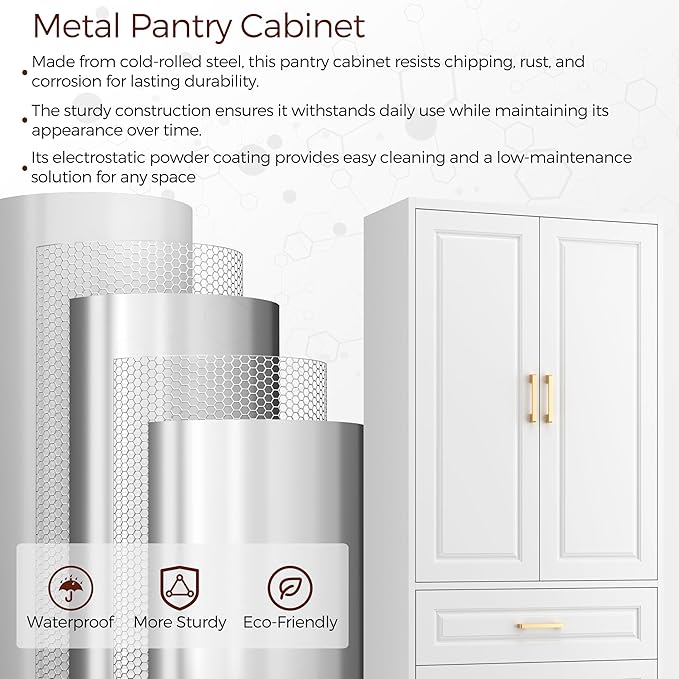 75" Kitchen Pantry Cabinet, Metal Storage Cabinets with Doors and Adjustable Shelves, White Tall Pantry Cabinet with 3 Drawers for Dinning Living Room-CasaMuseHome