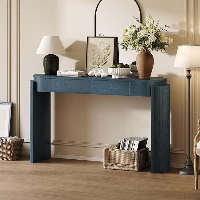 55" Sofa Table with Oval Top and 2 Drawers, Entryway Console Table with Fluted Design for Hallway,Foyer,Entry and Living Room (Fully Assembled-Navy)-CasaMuseHome