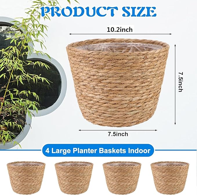 4 Pcs Large Premium Seagrass Planter Basket with Plastic Lining Natural Stylish Planter Baskets Indoor Outdoor Plants Woven Wicker Baskets for Plants Flower Pots Cover and Room Decor(10.2x7.5x7.5")-CasaMuseHome