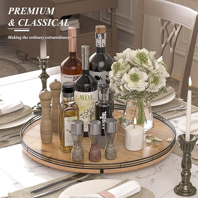 21" Lazy Susan Oak Wood Turntable Organizer for Cabinet, Farmhouse Round Wooden Large Lazy Susan Organization and Storage for Dining Table, Pantry, Kitchen, Countertop, Cupboard, Home Decor-CasaMuseHome