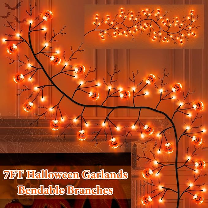 7 Ft 63 LED Halloween Decorations Willow Vine Twig Garland with 8 Modes Timer 21 Pumpkin Orange Lights, Halloween Garland with Waterproof Battery Operated for Indoor Wall Fireplace Decorations-CasaMuseHome