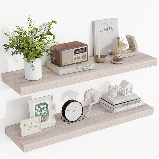 36 Inch Floating Shelves, 3D Textured Wood Grain, 36"x9.25"x1.5" Inch Deep Floating Shelves for Wall, Wooden Shelves for Bathroom, Bedroom, Living Room, Washed White-CasaMuseHome