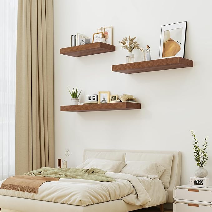 12" Deep Walnut Floating Shelves,Over Toilet Long Wall Mounted Modern Farmhouse 36 inches,Wall Shelves with Invisible Brackets for Bedroom, Bathroom, Living Room, Kitchen, Set of 1-CasaMuseHome