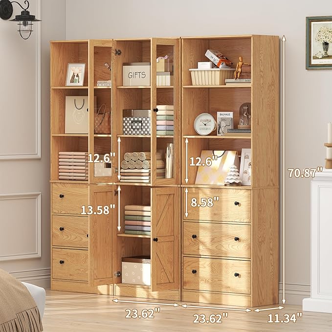 71" Tall Bookshelves Set of 3, 2 Bookcases with Drawers & 1 Bookshelf with Doors, Wooden Bookshelves Floor Standing Display Storage Shelves Home Decor Furniture for Home Office, Living Room-CasaMuseHome