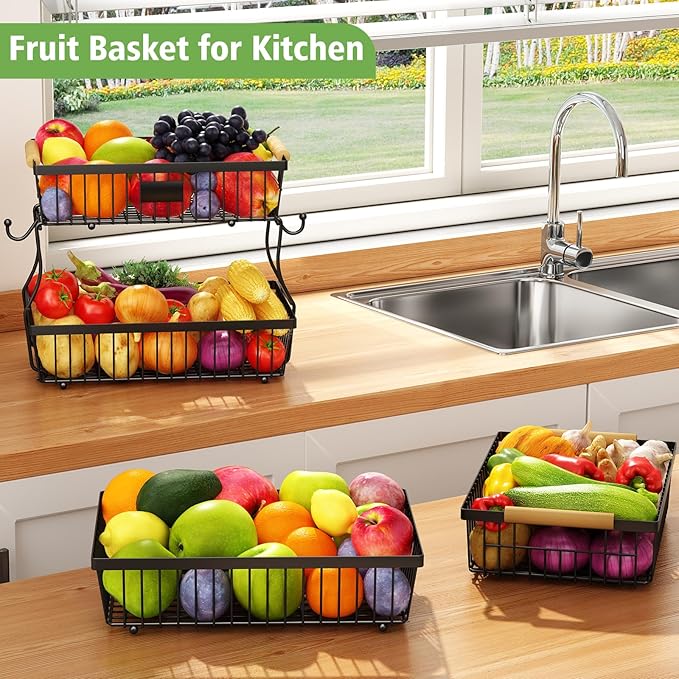 2 Tier Fruit Basket for Kitchen Counter with 2 Banana Hangers, Countertop Metal Fruit Bowl with Wooden Handle, Large Storage Stand for Vegetables, Snacks, Breads, Produce Storage – Black-CasaMuseHome