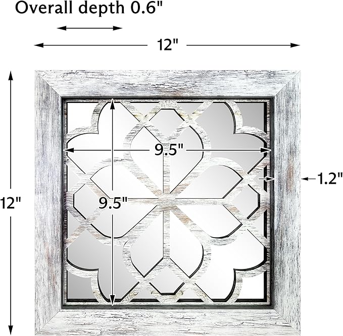 4pcs Farmhouse Wall Mirror with Carved Floral Design -Rustic Mirror Decor for Home, 12x12 inch(Grey)-CasaMuseHome