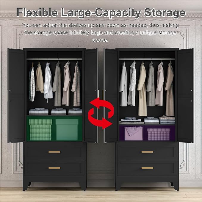 71'' Farmhouse Metal Wardrobe Cabinet with Hanging Rod, 2 Barn Door Wardrobe Closet with Adjustable Shelves,2 Drawer,for Dining Room,Bedroom,Living Room, Cloak Room,Office (Black)-CasaMuseHome