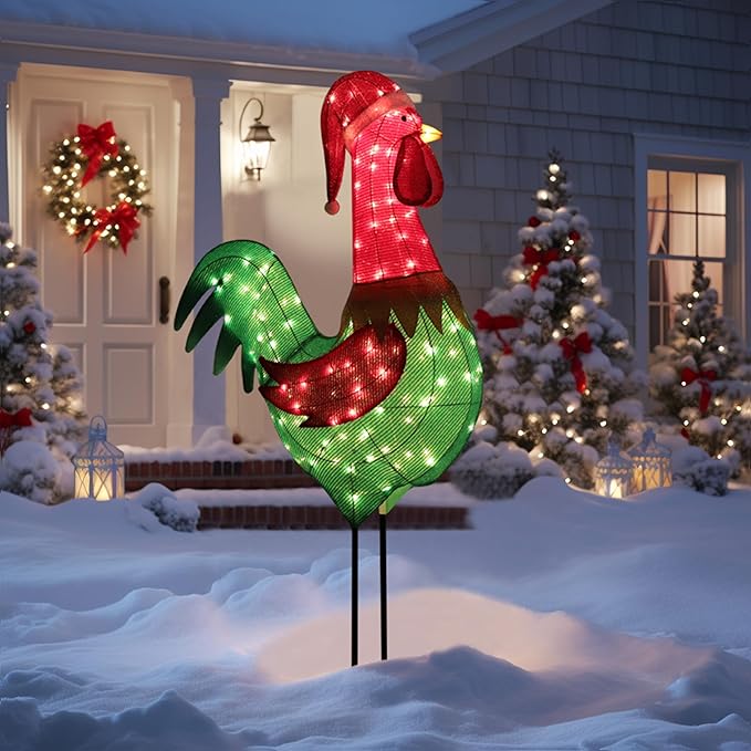 6FT Lighted Rooster with Christmas Hat for Outdoor Christmas Decorations, 3D Pre-Lit Iridescent Rooster Xmas Decor, Glittered Standing Holiday Display Rooster for Outdoor, Indoor-CasaMuseHome