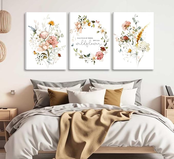 3Pcs Framed Watercolor Flowers Canvas Wall Art In A Field Of Roses She Is A Wildflower Painting Picture Wall Decor Pink wreath Poster Print Artwork for Nursery living room Girls Room Home Decoration-CasaMuseHome