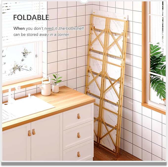 4NM 6 Tiers No Assembly Book Shelves, 61.8" H Folding Bookshelf Bookcase Open Industrial Foldable Shelves for Bedroom, Living Room, Home Office - White Gold-CasaMuseHome