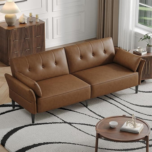 89” Futon Sofa Bed, Faux Leather Futon Couch Bed with 2 Square Pillows, Convertible Sleeper Sofa with Adjustable Backrest& Armrests, Modern Loveseat Sleeper for Living Room, Bedroom, Brown-CasaMuseHome