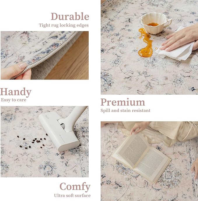 2'x3' Vintage Floral Rug - Persian Inspired Low-Pile Faux Wool Area Rug, Non-Slip Washable Small Rug for Bedroom, Nursery, Dorm, Soft Pink Boho Chic Decor-CasaMuseHome