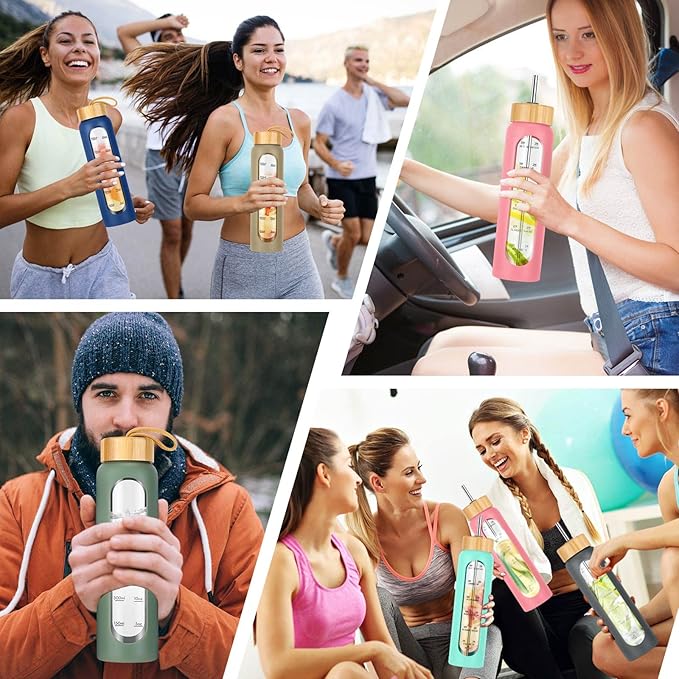32 oz Glass Water Bottle with Straw - Motivational Time Marker & Silicone Sleeve - Reusable Tumbler Includes 2 Bamboo Lids & Fruit Infuser - 1 Pack-CasaMuseHome