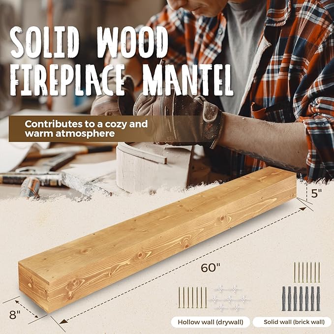 60x8x5 Fireplace Mantel - Handcrafted Rustic Solid Wood Wall Mounted Floating Shelf with Invisible Heavy Duty Wood Bracket (Natural)-CasaMuseHome