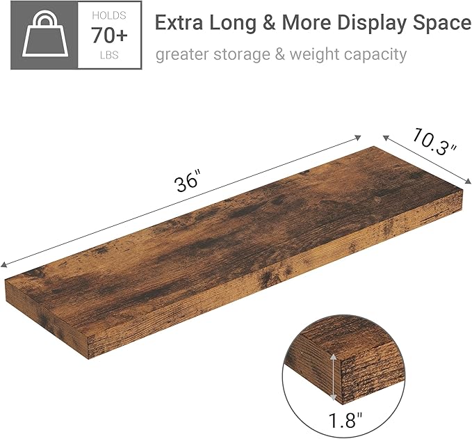 10 inches Deep Floating Shelves 36 inch Long, Sing Shelves for Wall Heavy Duty for Bedroom, Bathroom, Living Room, Kitchen, Office, Farmhouse Shelf Home Decor, Set of 1, Rustic Brown-CasaMuseHome