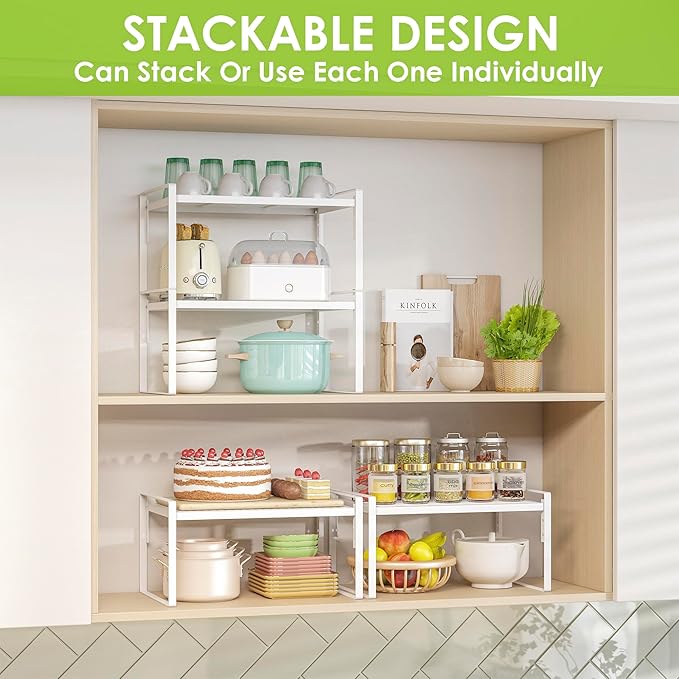 2 Pack Kitchen Countertop Organizer, Stackable Cabinet Shelf Organizer, 2 Tier Adjustable Kitchen Counter Shelves Riser For Pantry Cupboard Bathroom Organization And Storage, Desk Shelf,Spice Rack-CasaMuseHome