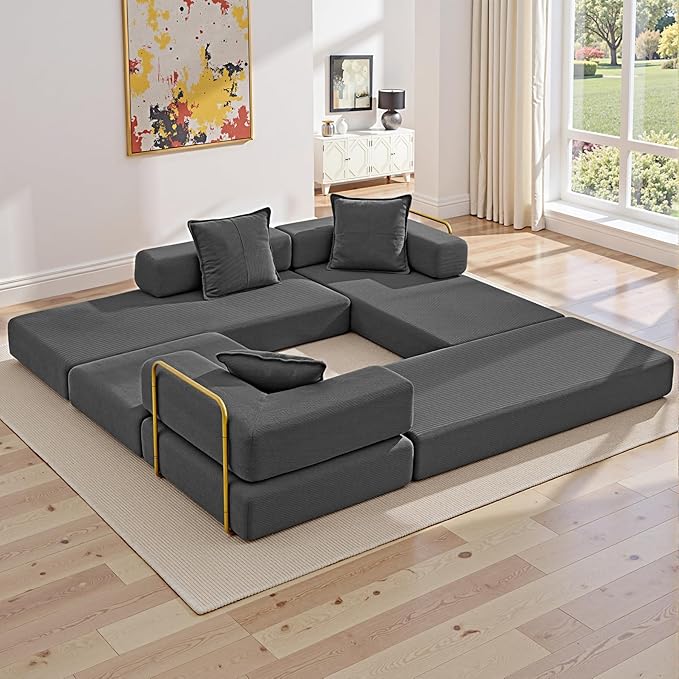 108" Oversized Convertible Sleeper Sofa Bed, Corduroy L Shape Sectional Couch, Folding Sofa Bed with Side Pocket, Modern Cloud Floor Mattress Couch, Modular Sofa for Living Room, Grey-CasaMuseHome