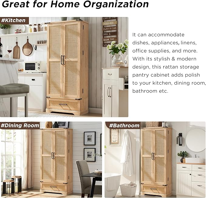 72" Tall Rattan Kitchen Pantry Cabinet with Drawer, Boho Storage Cabinet with 2 Rattan Doors and Shelves, Versatile Large Cabinet for Dining Room, Bathroom, Living Room, Laudry, Natural Oak-CasaMuseHome