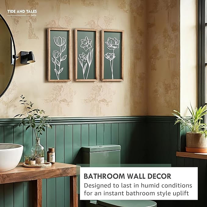 3D Floral Green Wall Art (Set of 3) Lightweight, Wooden Ready-to-Hang Boho Framed Wall Art for Bathroom, Master Bedroom, Living Room or Office - Premium Sage Green Farmhouse Decor - Gift-Boxed-CasaMuseHome