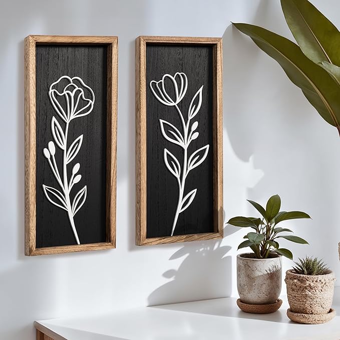 3D Vintage Black Living Room Decor (Set of 2) Lightweight, Wooden Ready-to-Hang Framed Moody Floral Wall Art for Bathroom, Bedroom or Office - Dark Textured Boho Farmhouse Wall Decor - Gift-Boxed-CasaMuseHome