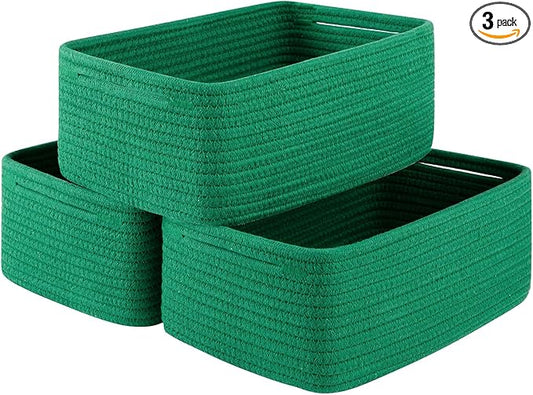 3 Pack Small Storage Baskets for Organizing, Cute Woven Decorative Gift Baskets for Shelves, Mini Closet Organizer Bins with Handles, 11.81''Lx7.87''Wx4.72''H-Green-CasaMuseHome