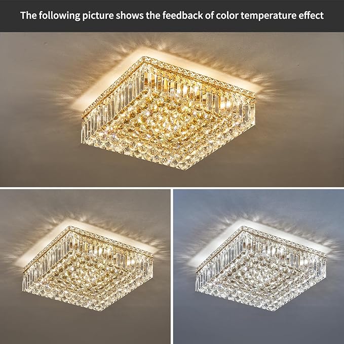 12-Lights Gold Crystal Flush Mount Ceiling Light Fixtures,Elegant Crystal Chandelier Pendant Ceiling Lamp for Bedroom,Living Room,Dining Room,Hallway H5.9 x W20 x L20 (Bulb Not Included) Square-CasaMuseHome
