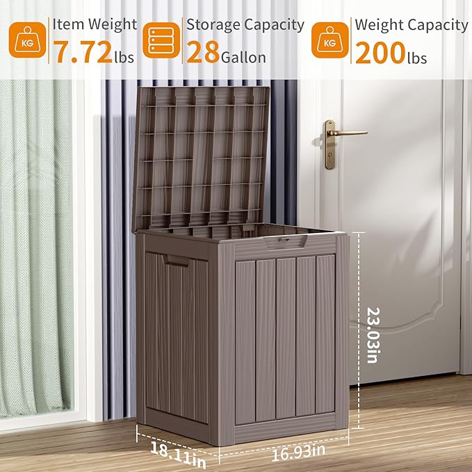 28 Gallon Resin Deck Box, Lockable Patio Outdoor Storage Box for Furniture, Garden Tools and Tools Storage, Waterproof Outside Storage Boxes - Grey-CasaMuseHome